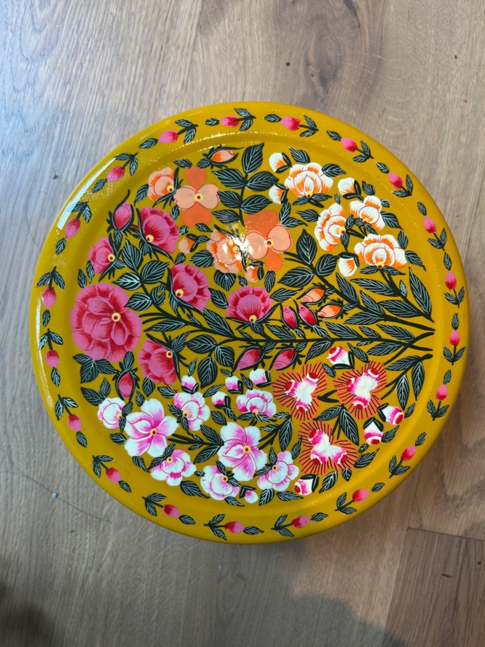 Hand-Painted Floral Round Tray in Mustard Yellow